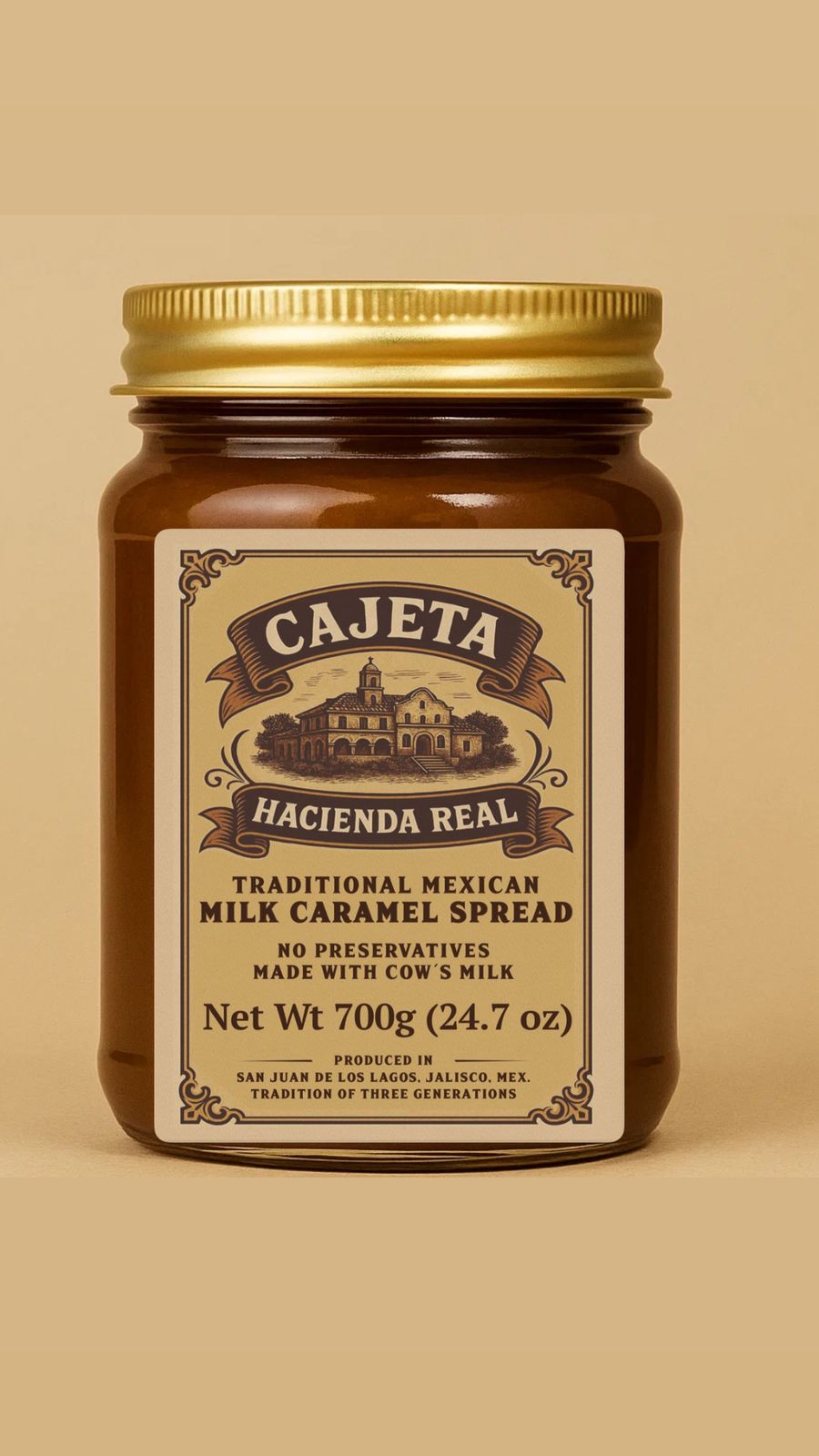 Jars of traditional caramel in various sizes with artisanal labels on wooden table